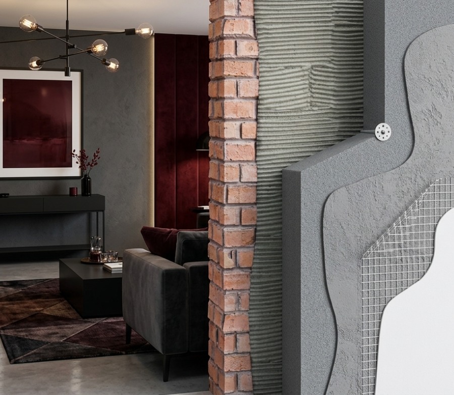 A 3D cross-section of a pre-1920 UK home showing a solid brick wall. The exterior features layered External Wall Insulation (EWI) including mesh and render, while the interior shows a warm, modern living room.