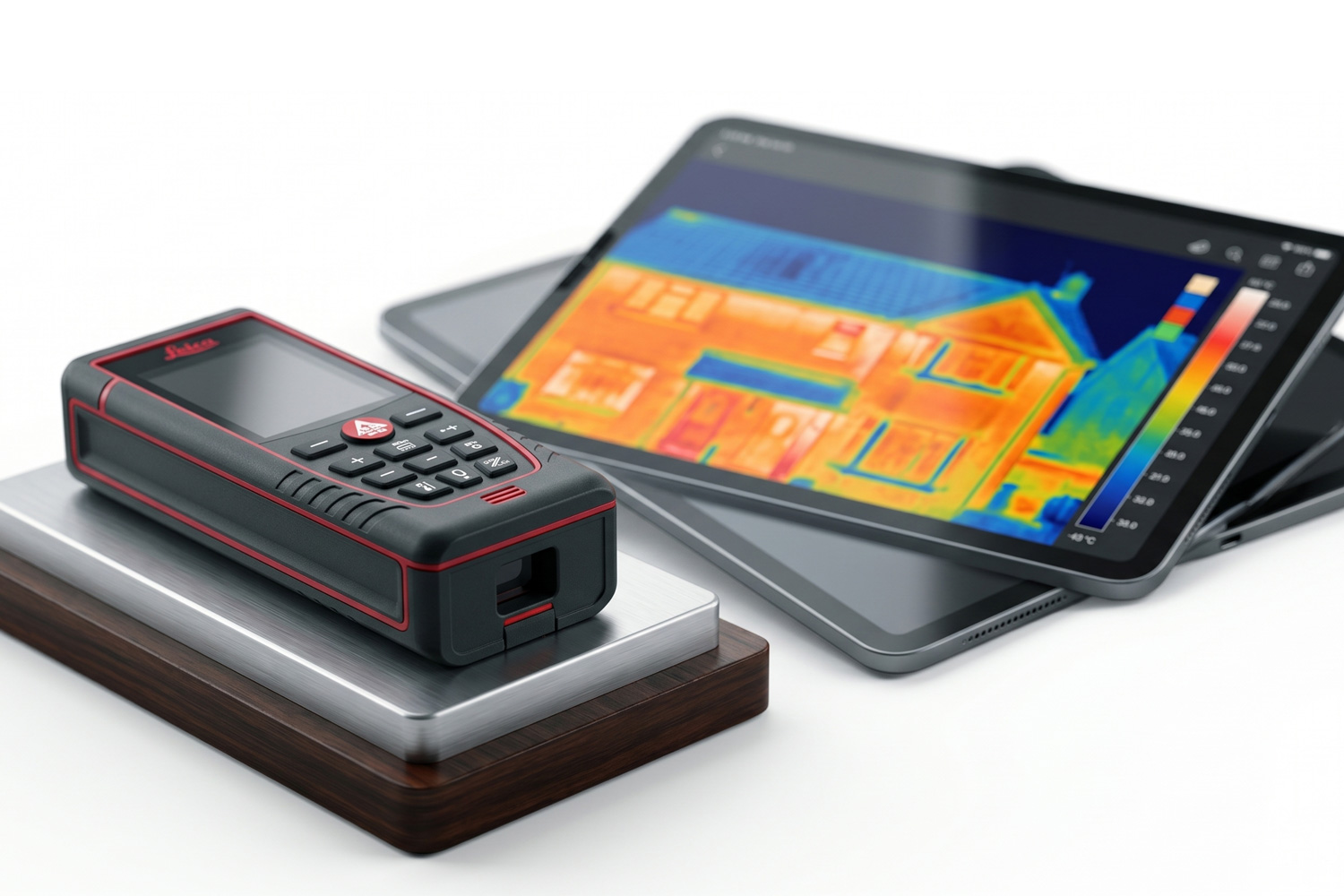 Expert architectural survey icon showing a 3D thermal heat-map on a digital tablet for precise render material selection.