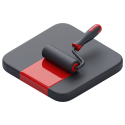 A glossy 3D isometric paint roller icon by PD Rendering representing bespoke aesthetics for silicone render systems and finishes.