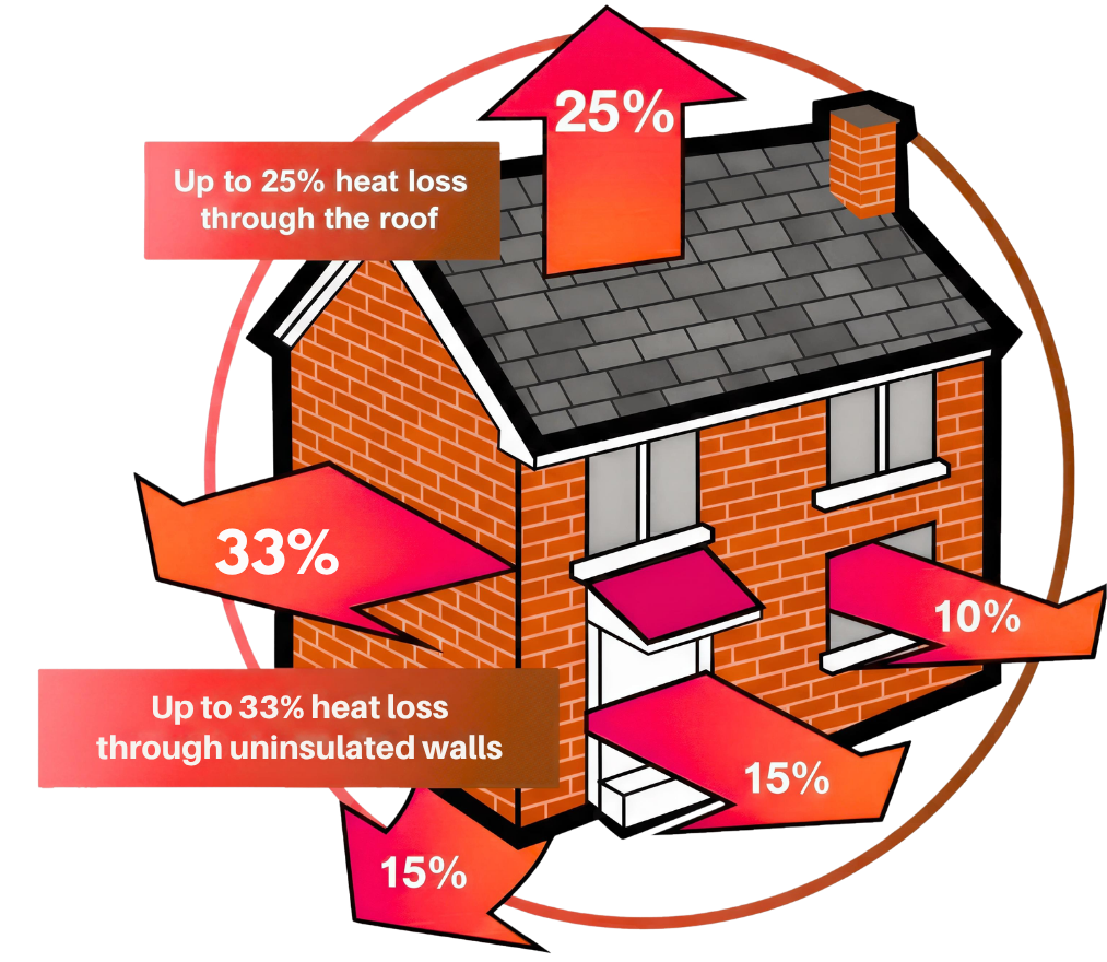 Diagram showing heat loss percentages in a typical UK house, highlighting up to 33% heat loss through uninsulated solid walls.