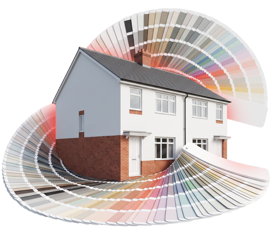 A traditional UK semi-detached house with a modern white silicone render and exposed brick base, surrounded by a large fan of architectural colour swatches. PD Rendering offers over 300 exterior render colours.